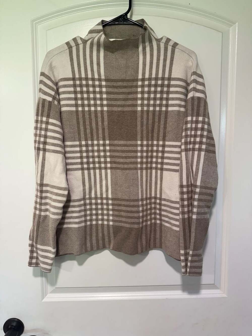 Plaid Mock Neck Sweater Taupe Cream Quiet Luxury Old Money Preppy Women’s XL